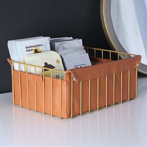 Contemporary Gold Desk Organizer In Metal And Leather Homary