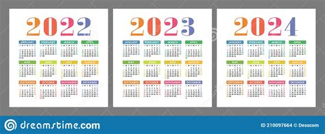 Calendar 2022 2023 And 2024 Years English Colorful Vector Set Square