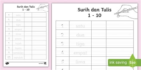 Lembaran Kerja Menulis Nombor 1 10 Surih Dan Tulis