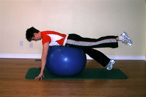 It's great for working on flexibility, chest opening and core. Prone Leg Raise on the Exercise Ball