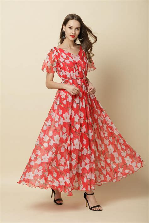 110 Colors Chiffon Red Flower Long Party Dress Short Sleeve Etsy