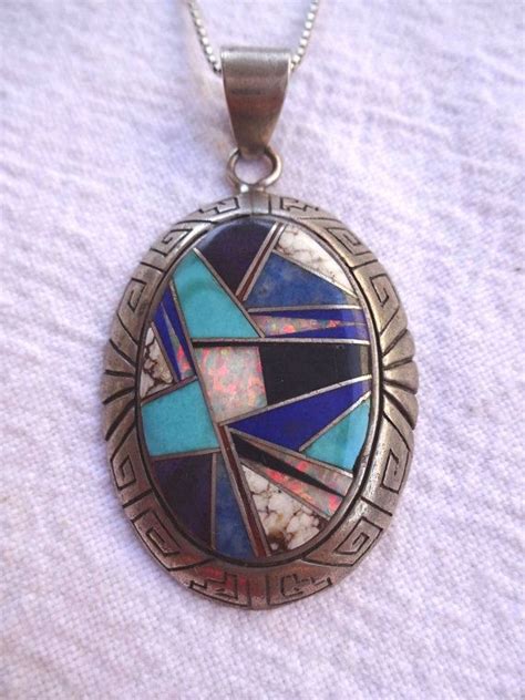 Signed Vintage Navajo Sterling Silver Multi Stone Inlay Pendant