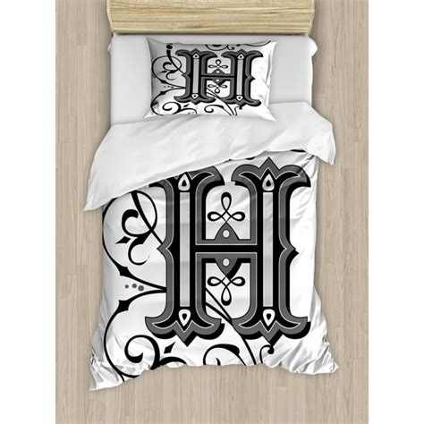 Letter H Twin Size Duvet Cover Set Calligraphy Elements In Uppercase