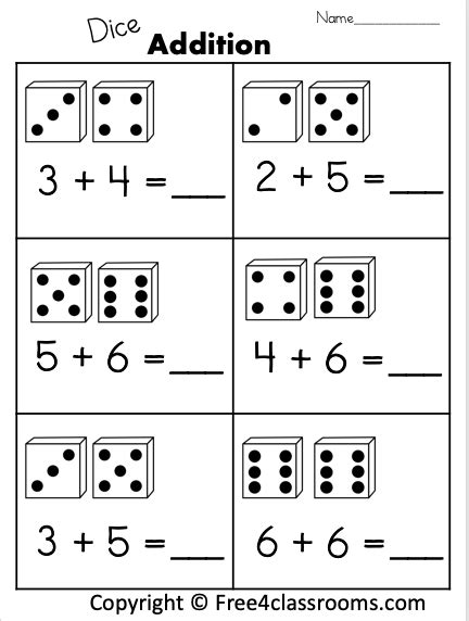 Free Addition Worksheet 1 Digit With Dice Free Worksheets Free4classrooms