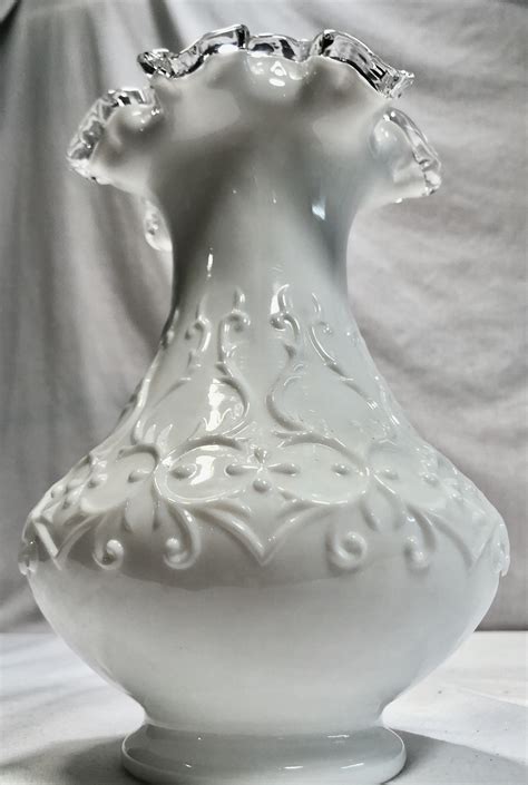 Vintage Fenton Spanish Lace White Milk Glass Vase With Silver Crest Ruffled Top