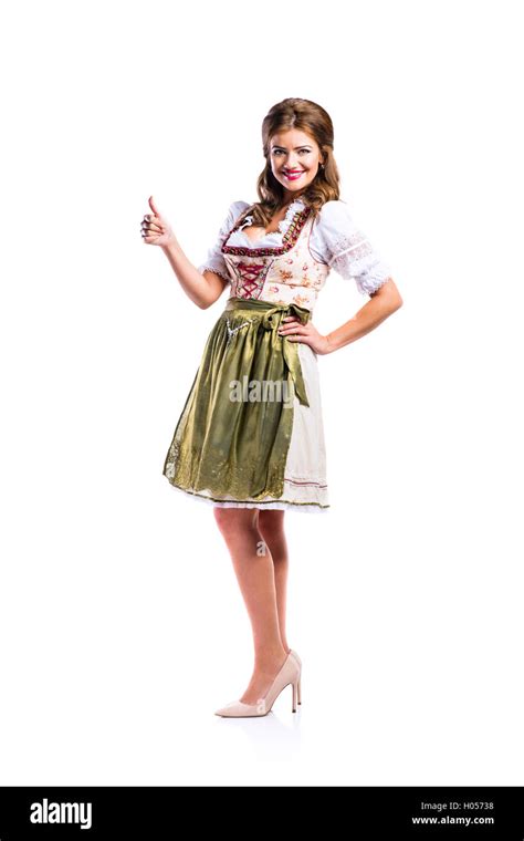 Beautiful Woman In Traditional Bavarian Dress Studio Shot Stock Photo