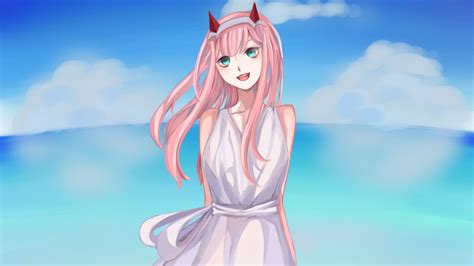 Darling In The Franxx Zero Two With Pink Hair And Red Horn With Background Of Blue Sky And