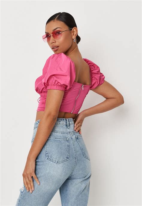 Pink Puff Sleeve Cut Out Crop Top | Missguided