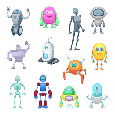 Characters Of Funny Robots In Cartoon Style Vector Mascot Set Of