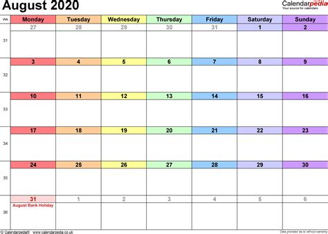 Printable 2020 Monthly Calendar With Week Numbers August Free Images