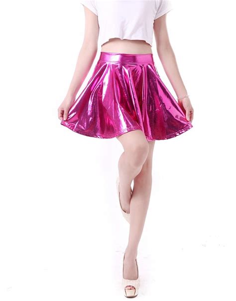 Hde Womens Shiny Liquid Metallic Wet Look Flared Pleated Skater Skirt