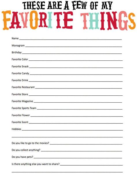 Printable Employee Favorite Things List Customize And Print