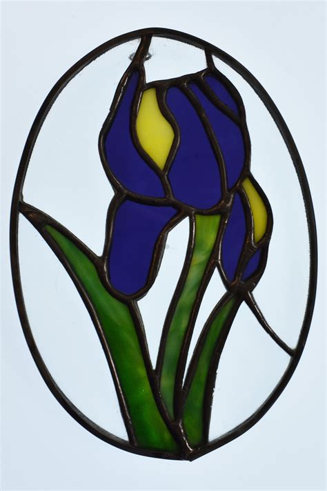Blue Iris Flower Oval Stained Glass Suncatcher Hanging Window Etsy