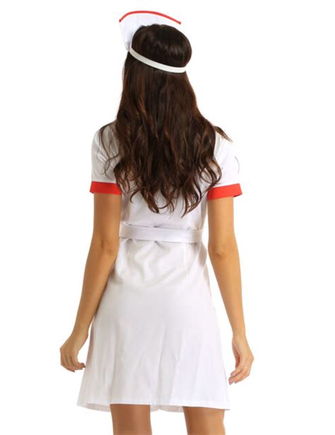 Black Latex Nurse Halloween Costume Red Detail Zip Up Dress Belt Hat S