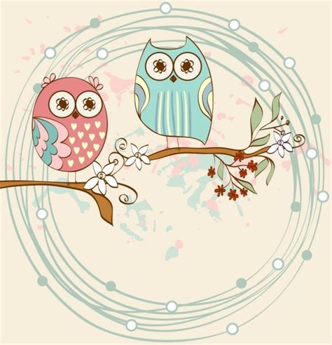 Cute Owls On Branch In Flowers Spring Concept Background Bright