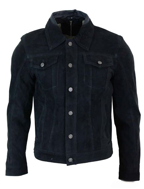 Real Suede Leather Mens Vintage Short Denim Style Retro Jean Jacket