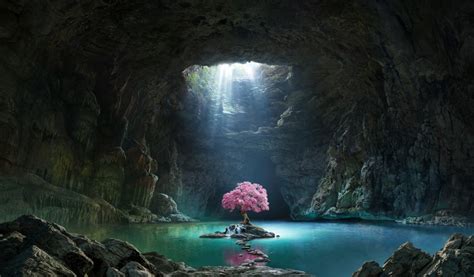 Download 1024x600 Wallpaper Pink Tree Blossom Cave Lake Nature