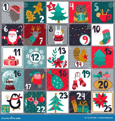 Vector Christmas Advent Calendar With Cute Animals And Traditional