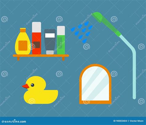 Bath Equipment Icons Shower Flat Style Colorful Clip Art Illustration