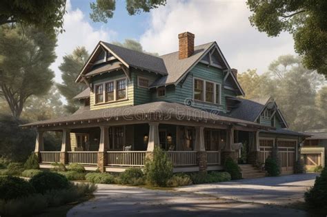 Classic Craftsman House With Wrap Around Porch And Hanging Lanterns
