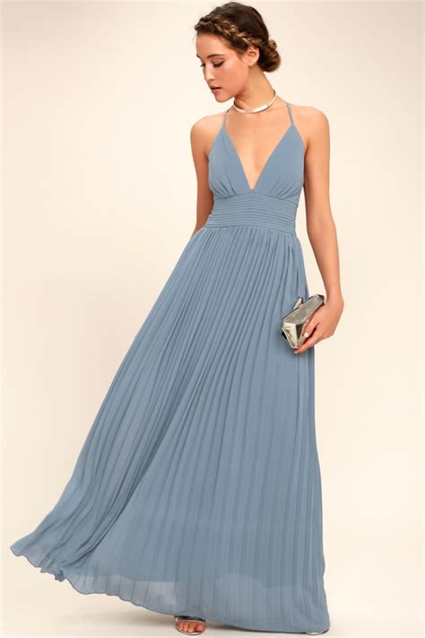 Stunning Dusty Blue Dress Pleated Maxi Dress Blue Gown Lulus