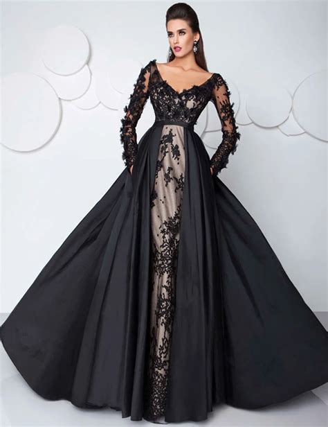 arabic sexy black evening dresses with pocket illusion lace long sleeves formal gowns china