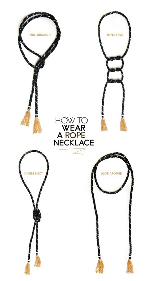 A lariat necklace can be knotted using several different techniques. how to, style, wear, rope necklace, chain tassel, 4 ways ...