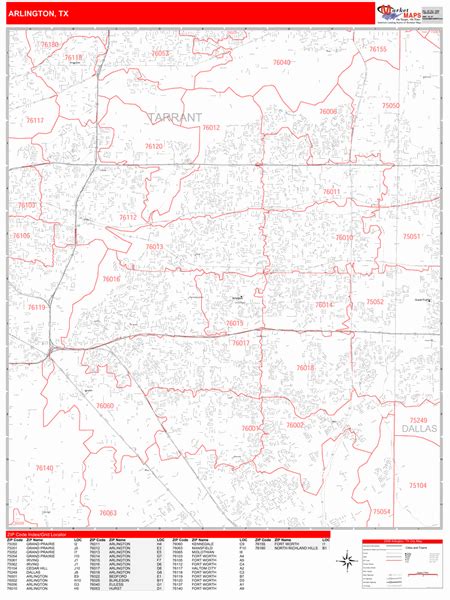 Arlington Texas Zip Code Wall Map Red Line Style By Marketmaps