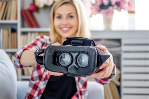 Smiling Blond Female Showing Virtual Reality Glasses Stock Image Image Of Hitech Computer