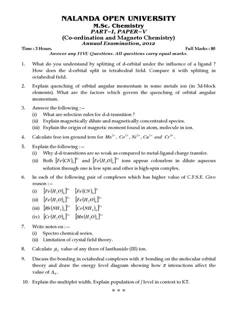 Nalanda Open University M Sc Chemistry Co Ordination And Magneto