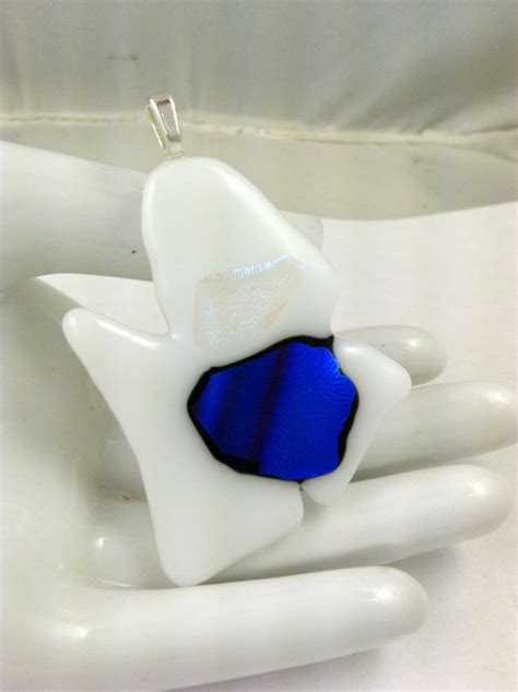 Fused Glass Abstract Art Pendant Blue Dichroic Glass On White Hand Crafted
