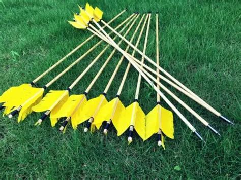 12pcs Handmade Yellow Flu Flu Arrow Wooden Arrows Real Feather Target