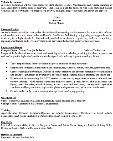 An auto mechanic (automotive technician in most of north america, light vehicle technician in british english, and motor mechanic in australian english) is a mechanic with a variety of automobile makes or either in a specific area or in a specific make of automobile. Vehicle Technician CV Example - icover.org.uk