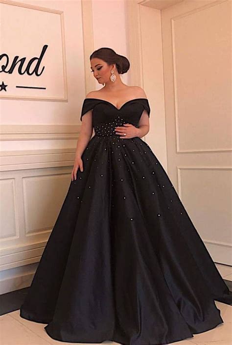 long black satin beaded ball gowns prom dresses off the shoulder plus size prom plus size