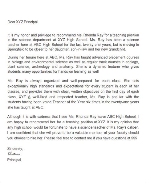 Teacher Of The Year Letter Of Recommendation Sample For