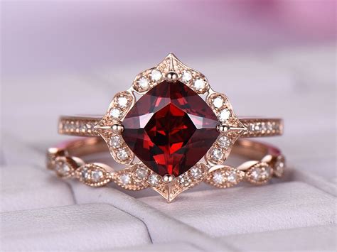 Cushion Garnet Engagement Ring Sets Pave Diamond Wedding 14k Rose Gold