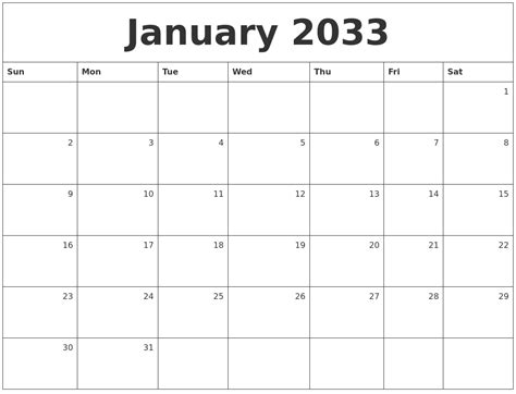 January 2033 Monthly Calendar