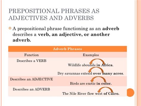 The example of the frog and a log can tell you a lot of them, but those are only one of two categories of prepositions. Prepositional Phrase Acting As An Adverb - Leftwings