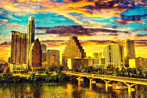 Congress Avenue Bridge And Downtown Austin Skyline At Sunset Digital