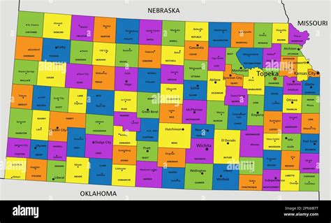 Colorful Kansas Political Map With Clearly Labeled Separated Layers