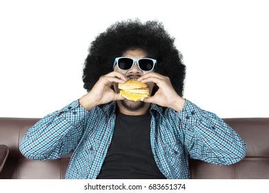 Portrait Afro Man Eating Yummy Hamburger Stock Photo Shutterstock
