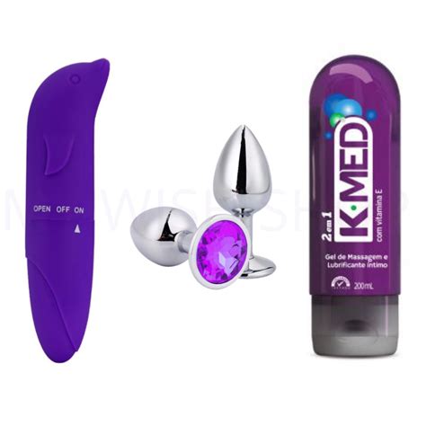 Kit Sex Shop Vibrador Golfinho Ponto G Aveludado Mais Plug Anal Tamanho P Pequeno Com Joia