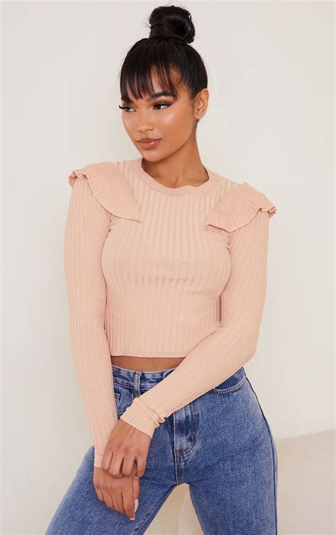 Nude Ribbed Knitted Frill Shoulder Jumper Prettylittlething Usa