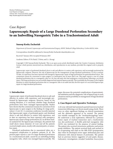 Pdf Laparoscopic Repair Of A Large Duodenal Perforation Secondary To