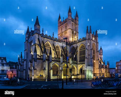 The Northern Facade Of Bath Abbey At Night Bath Somerset England Uk