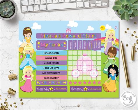 Princess Reward Chart Digital Printable Editable Template Chore