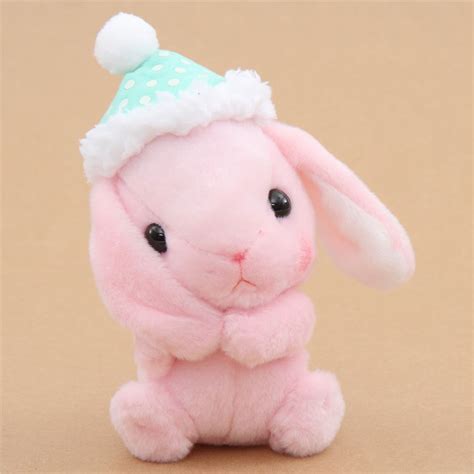 Pink Bunny Rabbit With Green Cap Holding Ear Poteusa Loppy Plush Toy