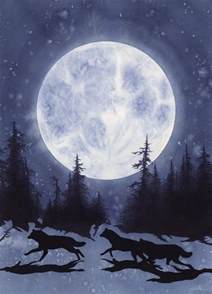 Original Art Watercolor Painting Full Moon Wolves Wolf Night Winter Snow Forest Trees Blue