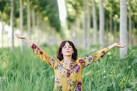 Woman Arms Raised Enjoying The Fresh Air In Green Forest 5444665 Stock