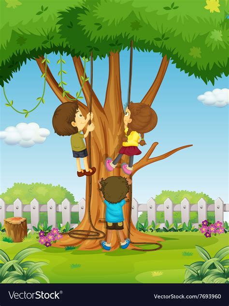 Boys And Girl Climbing Up The Tree Royalty Free Vector Image